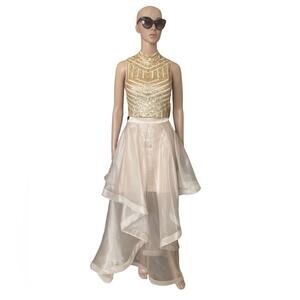 NWT Social Code Two-Piece Set Gown 13 Formal Halter Sequin Top Ruffle Skirt Gold